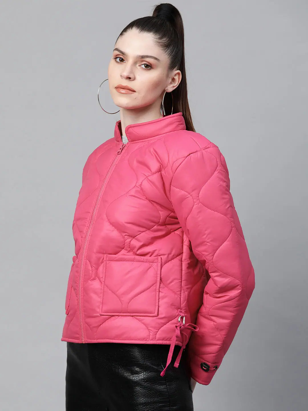 Women Solid Pink Collared Neck Full Sleeve Jacket