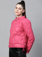 Women Solid Pink Collared Neck Full Sleeve Jacket
