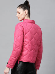 Women Solid Pink Collared Neck Full Sleeve Jacket