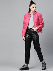 Women Solid Pink Collared Neck Full Sleeve Jacket