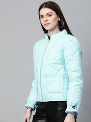 Women Solid Blue Collared Neck Full Sleeve Jacket