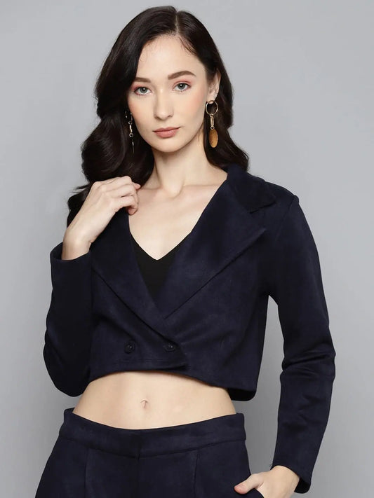 Women Solid Navy Full Sleeve Jacket 1080