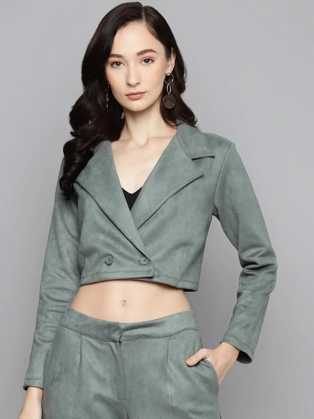 Olive Suede Crop Blazer - Women's Fashion Jackets and Outerwear