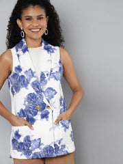 Women Printed White Sleeveless Jacket