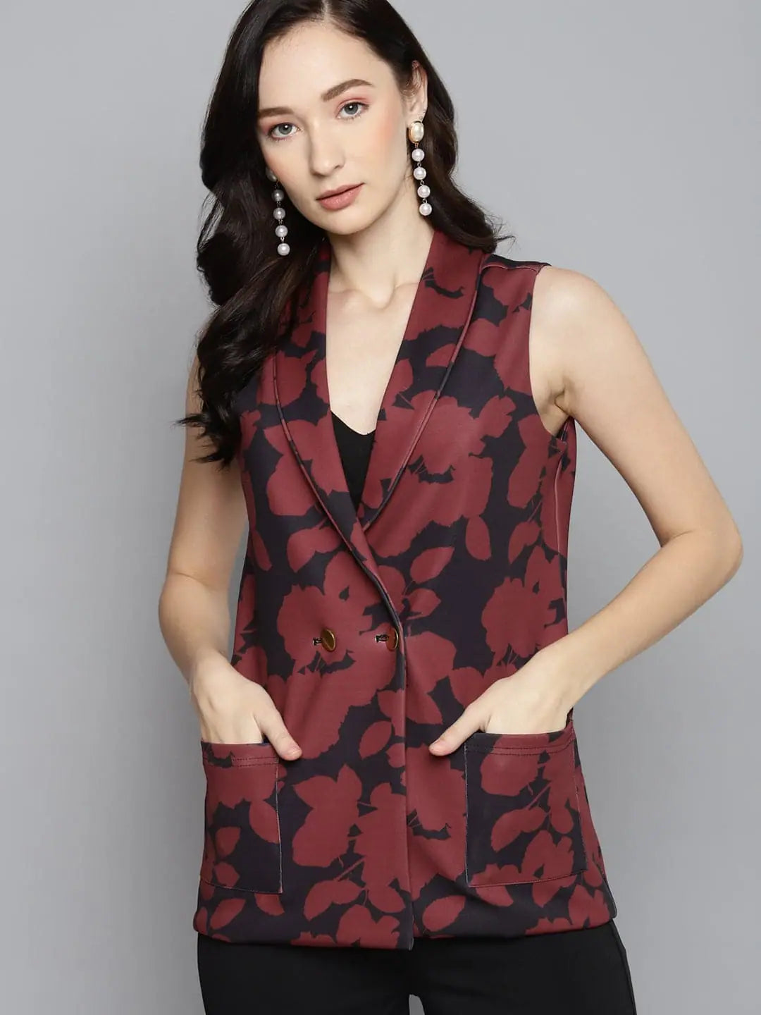 Red Printed Sleeveless Jacket - Women's Fashion Jackets