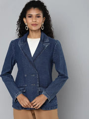Women Solid Blue Collared Neck Full Sleeve Jacket