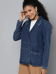 Women Solid Blue Collared Neck Full Sleeve Jacket