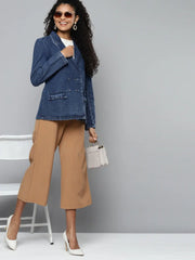 Women Solid Blue Collared Neck Full Sleeve Jacket