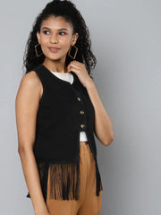 Women Solid Black Round Neck Sleeveless Jacket