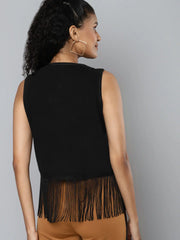 Women Solid Black Round Neck Sleeveless Jacket