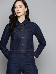 Women Solid Blue Collared Neck Full Sleeve Jacket