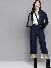 Women Solid Blue Collared Neck Full Sleeve Jacket