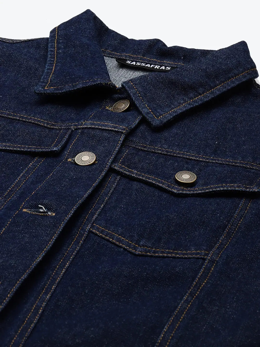 Trendy Women's Jackets: Blue Denim with Bold Gold Foil Print