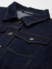 Women Solid Blue Collared Neck Full Sleeve Jacket