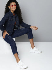 Women Solid Blue Collared Neck Full Sleeve Jacket