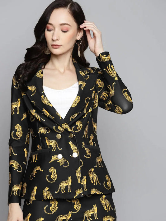 Women Printed Black Full Sleeve Jacket 1080