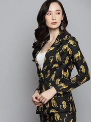 Women Printed Black Full Sleeve Jacket