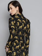 Women Printed Black Full Sleeve Jacket