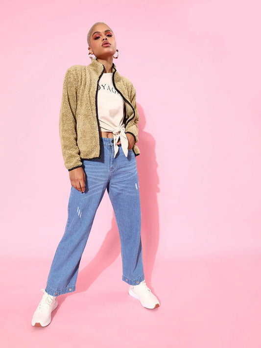 Women Solid Beige Full Sleeve Jacket 1080