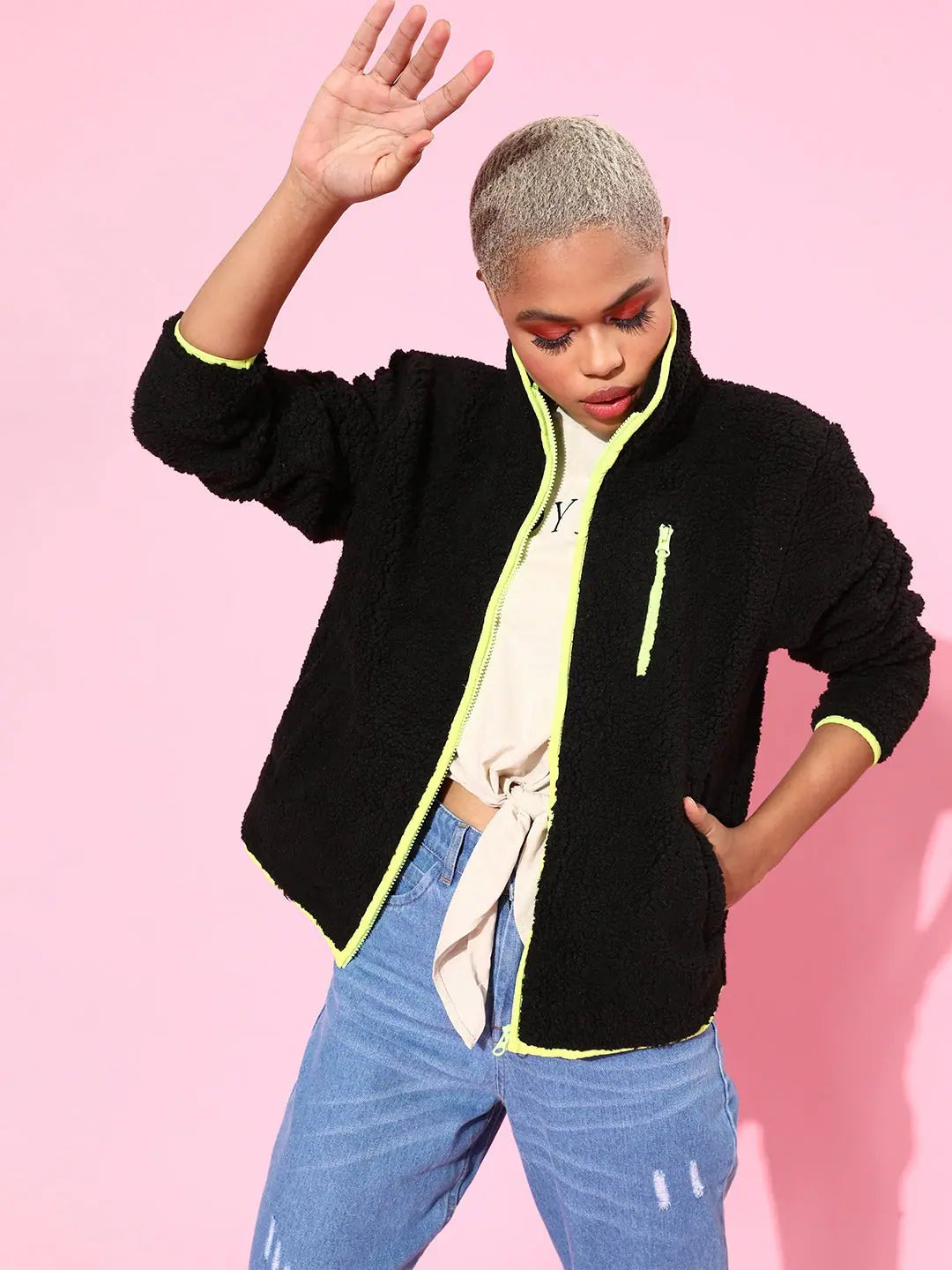 Black Faux Fur Jacket | Women's Outerwear with Piping Detail