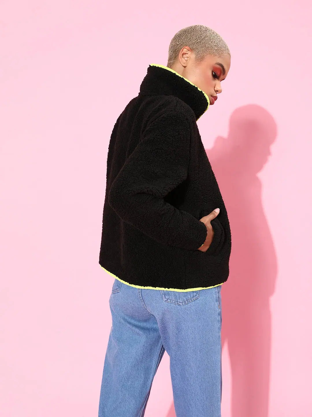 Black Faux Fur Jacket | Women's Outerwear with Piping Detail