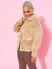 Women Solid Beige Full Sleeve Jacket