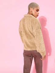 Women Solid Beige Full Sleeve Jacket