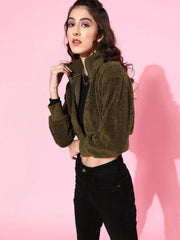 Women Solid Olive Full Sleeve Jacket
