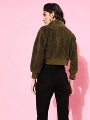 Women Solid Olive Full Sleeve Jacket