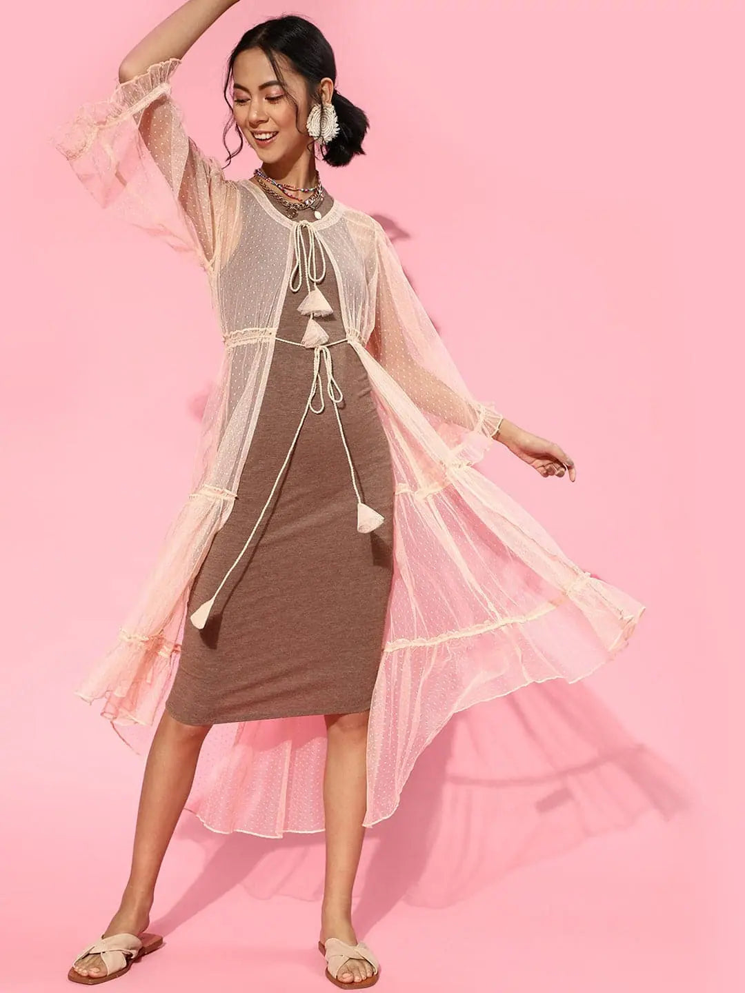 Women Solid Nude Round Neck Full Sleeve Jacket