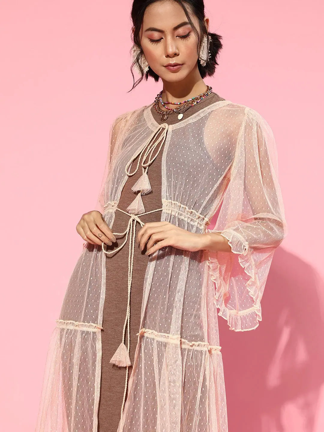 Nude Women's Fashion Jackets - Solid Mesh Tiered Shrug