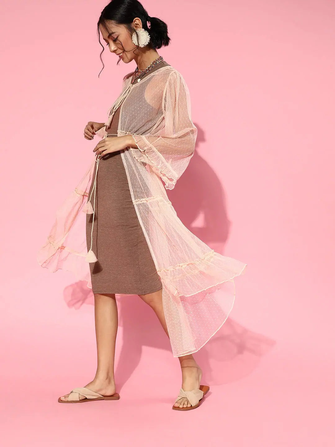 Nude Women's Fashion Jackets - Solid Mesh Tiered Shrug