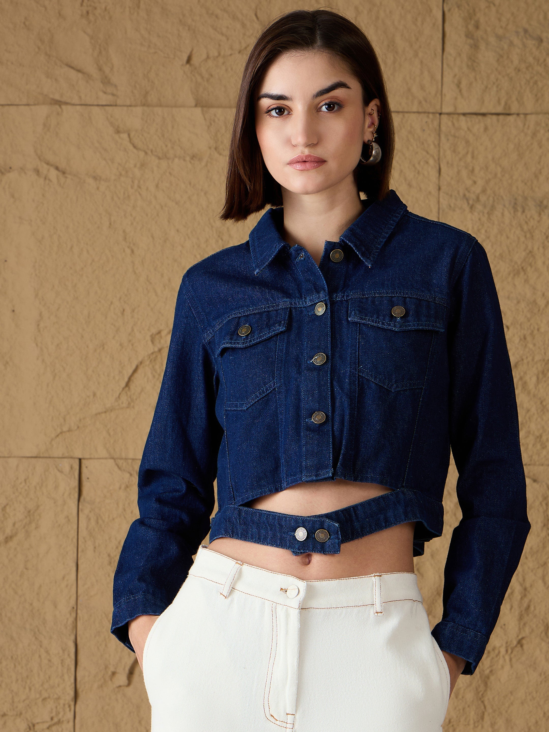 Women Blue Denim Belted Jacket-SFJCKT6544