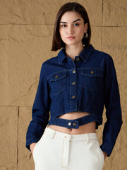 Women Blue Denim Belted Jacket-SFJCKT6544