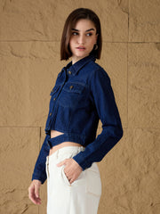 Women Blue Denim Belted Jacket-SFJCKT6544
