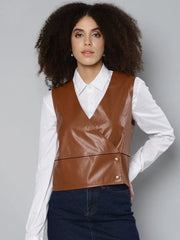 Women Solid Brown Sleeveless Jacket