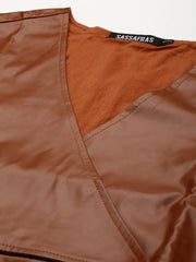 Women Solid Brown Sleeveless Jacket