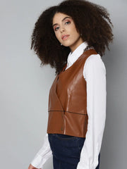 Women Solid Brown Sleeveless Jacket