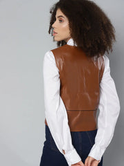 Women Solid Brown Sleeveless Jacket