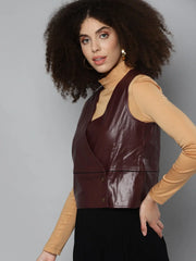 Women Solid Burgundy Sleeveless Jacket