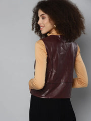 Women Solid Burgundy Sleeveless Jacket