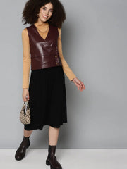 Women Solid Burgundy Sleeveless Jacket