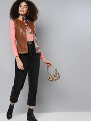Women Solid Brown Round Neck Sleeveless Jacket