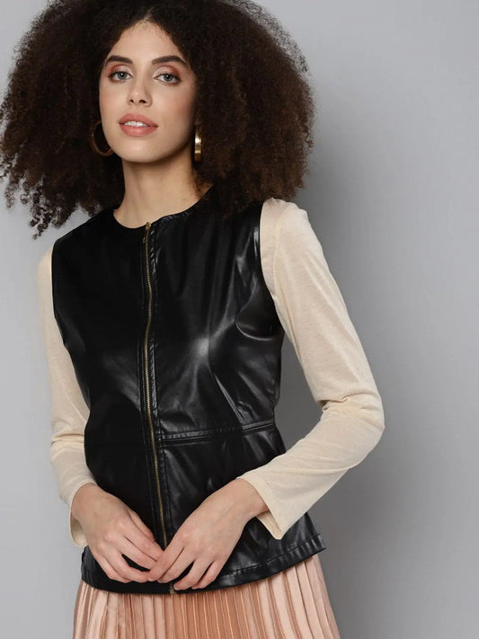Women Solid Black Round Neck Sleeveless Jacket 1080