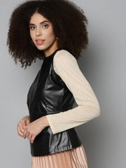 Women Solid Black Round Neck Sleeveless Jacket