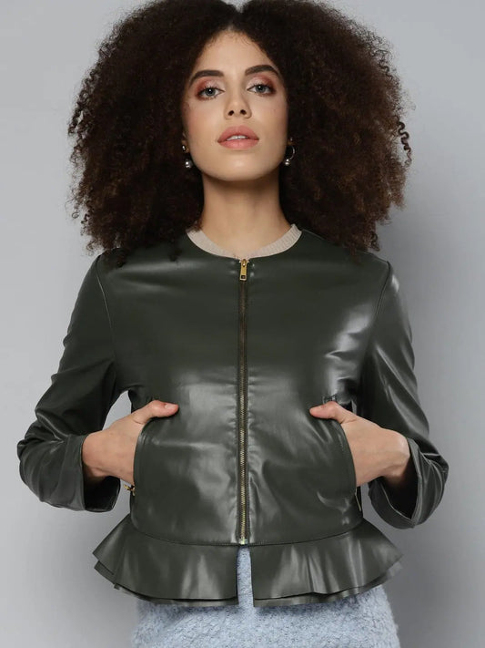 Women Solid Olive Round Neck Full Sleeve Jacket 1080