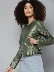 Women Solid Olive Round Neck Full Sleeve Jacket