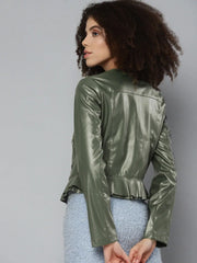 Women Solid Olive Round Neck Full Sleeve Jacket