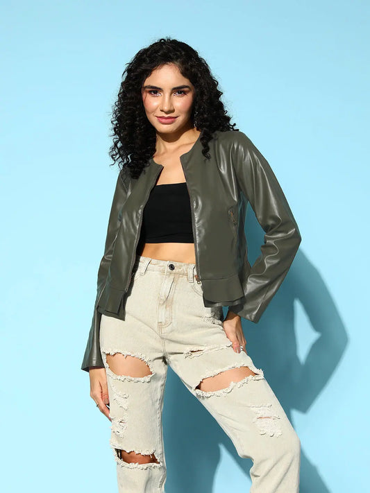 Women Solid Standard Olive Jacket 1080