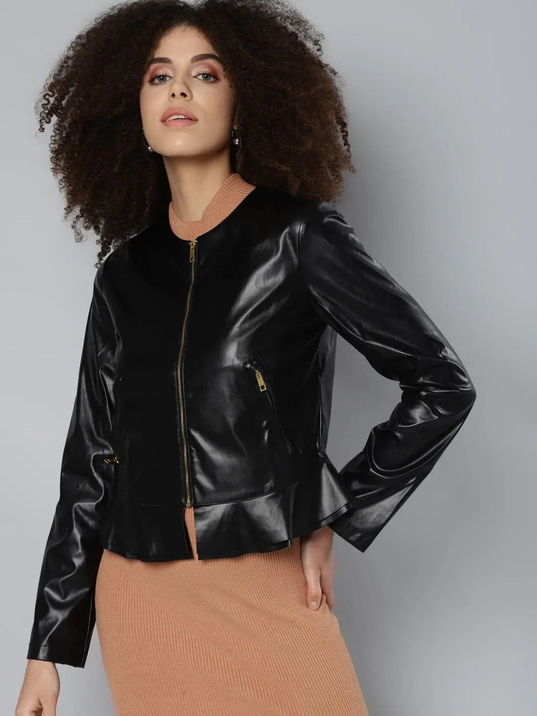 Women's Black Round Neck Full Sleeve PU Jacket | Trendy Jacket